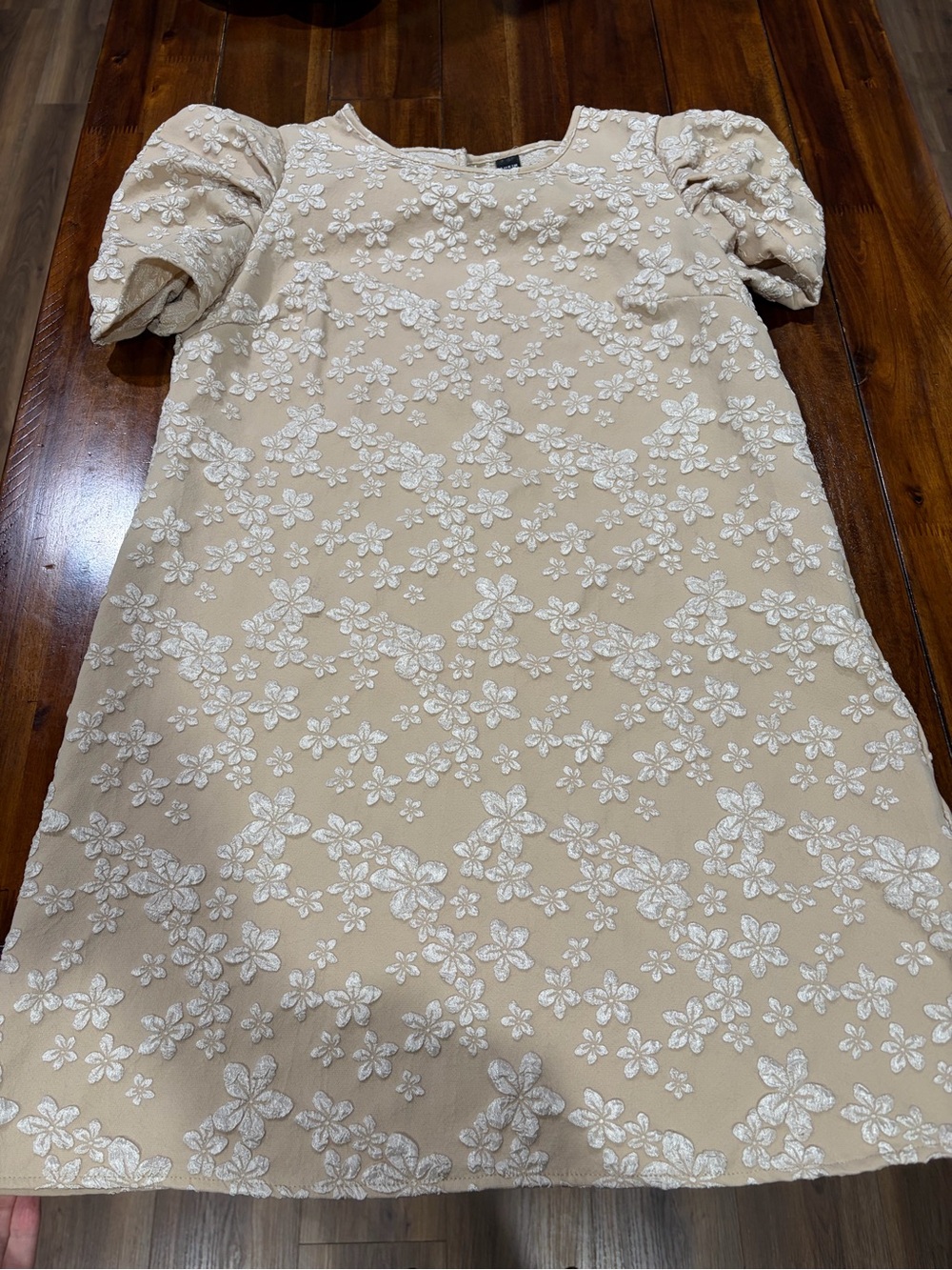 Beige Floral Embroidered Puff Sleeve Dress